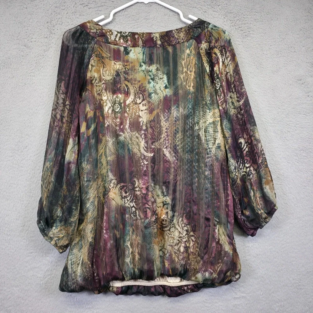 Y2K Dressbarn Top Women 14/16 Tie Satin Mixed Media Pisley Boho Bubble Hem Fairy